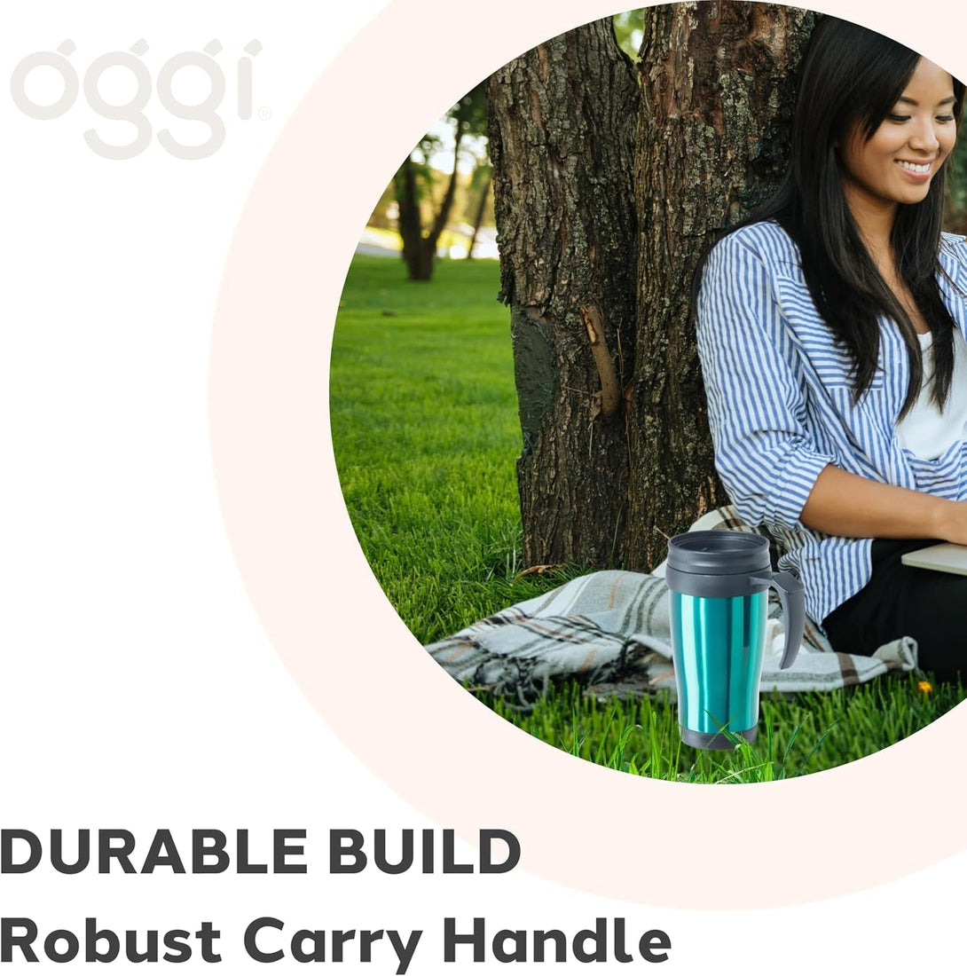 Oggi Commuter Travel Mug 14Oz - Insulated Coffee Mug, Thermal Stainless Steel with Easy Grip Tumbler Handle - Peacock