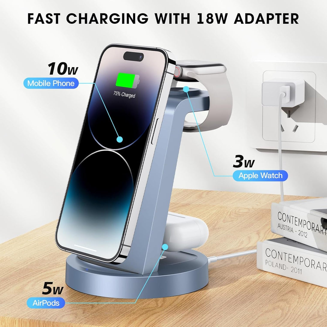 3 in 1 Charging Station for Iphone, Wireless Charger for Iphone 16E 16 15 14 13 12 11 X Pro Max & Apple Watch - Charging Stand Dock for Airpods (Blue)