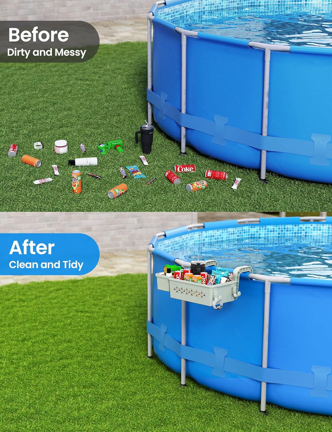 2 Sets Upgrade Poolside Storage Basket, above Ground Pool Storage Basket with Pool Cup Holder, for Steel round or Oval Frame above Ground Pools, Fits 3 Inch or Less Top Rail