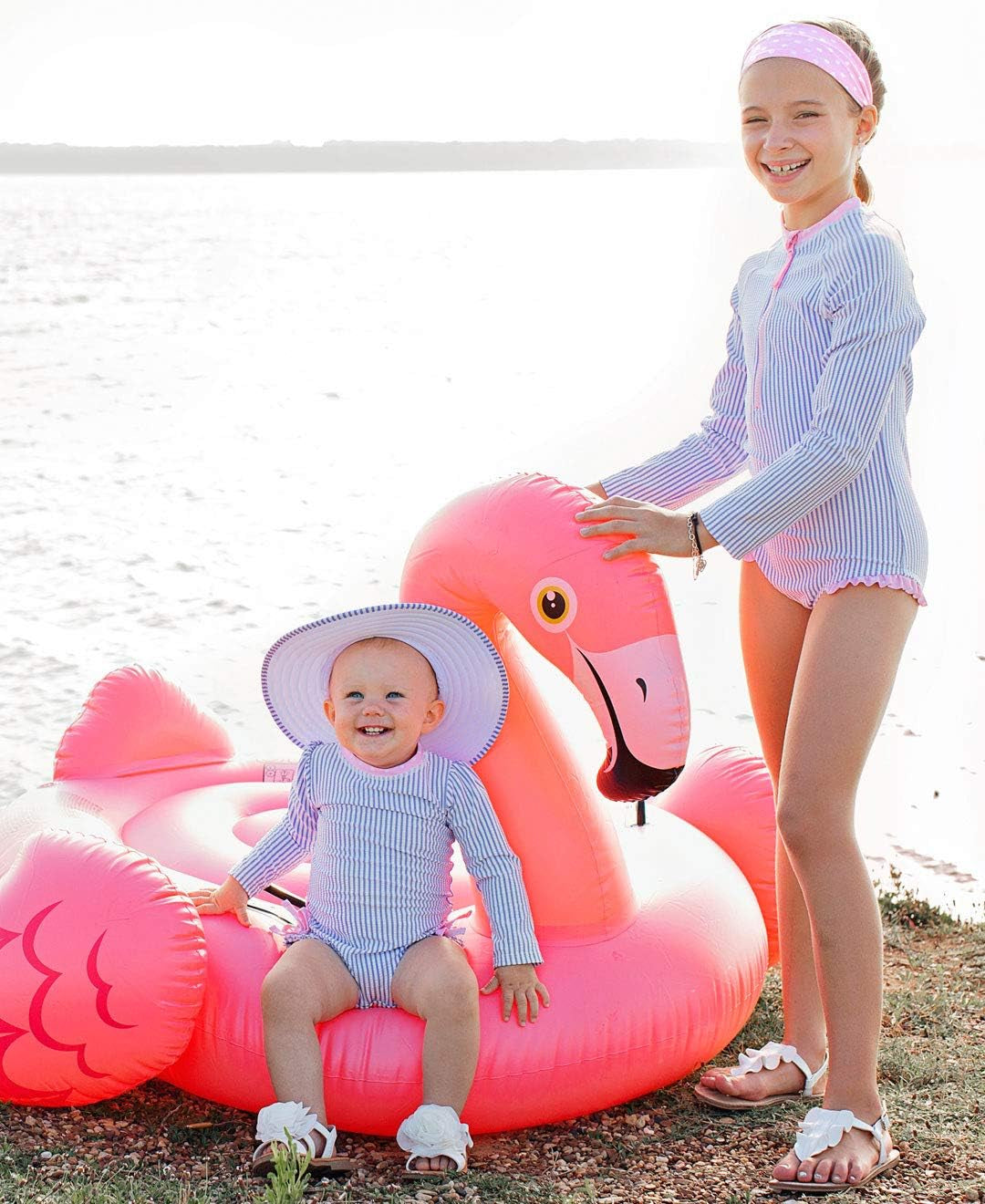 Rufflebutts Baby/Toddler Girls Seersucker Long Sleeve One Piece Rash Guard Swimsuit with UPF 50+ Sun Protection