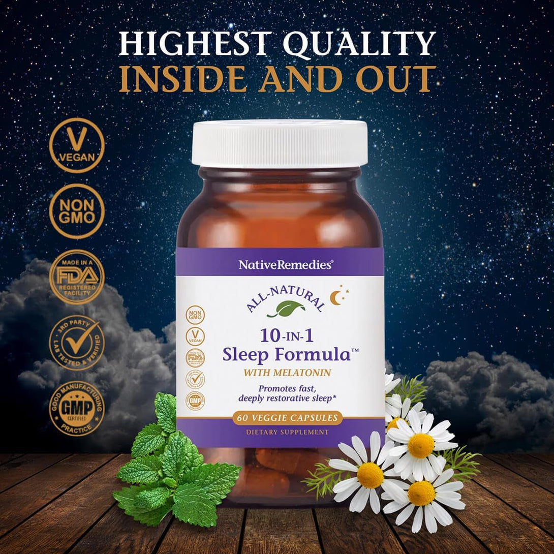 Native Remedies 10-In-1 Formula Natural Sleep Aid for Adults & Kids 4+ - Sleep Supplement with Melatonin 5Mg, Magnesium, Valerian Root, Chamomile – Sleeping Aid Support, Non-Gmo, Vegan - 60 Capsules