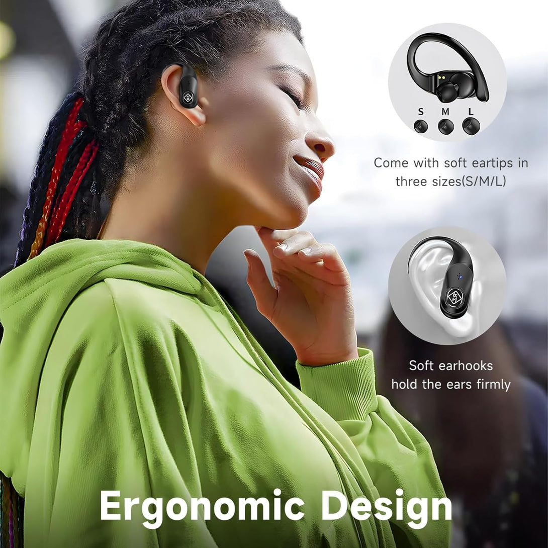 Wireless Earbuds Bluetooth Headphones 96H Playtime LED Display Waterproof Built in Mic Deep Bass Sound Secure over Ear Buds Earhooks for Iphone Android Samsung Cell Phones Sport Running Workout Gaming