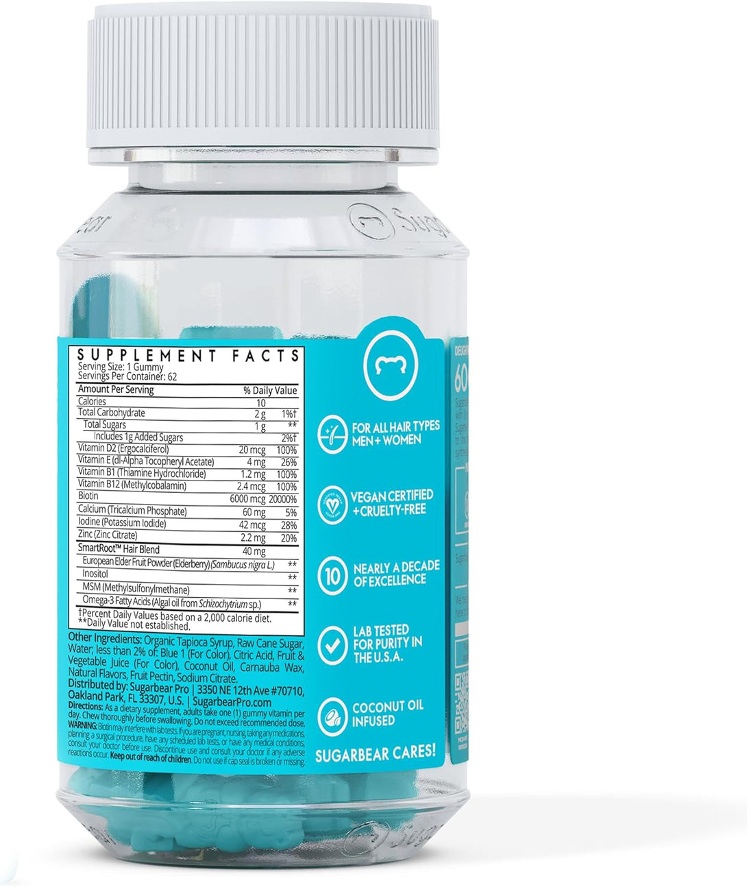Sugarbear Hair Vitamin Gummy 2 Month Supply Extra Strength Biotin 6000Mcg, Growth for Men & Women, Vegan Vitamin B12, MSM, Inositol, Omega 3, Elderberry, Certified Kosher, Halal, Cruelty-Free