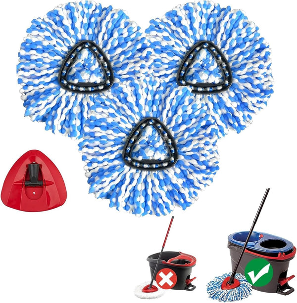 3 Pack Spin Mop Replacement Heads Compatible with O Cedar Rinseclean 2-Tank System, Microfiber Spin Mop Refills Replace Heads, Deep Cleaning, Machine Washable, Includes 1 Mop Base (Blue)