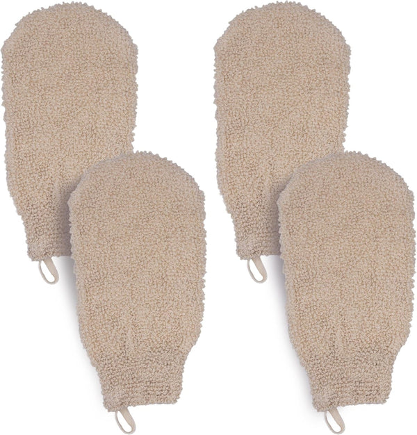 (4 Pack) Natural Exfoliating Cotton Bath Mitt Shower Gloves Loofah Washcloth Sponge Machine Washable Body Scrubber (Gentle Ramie)