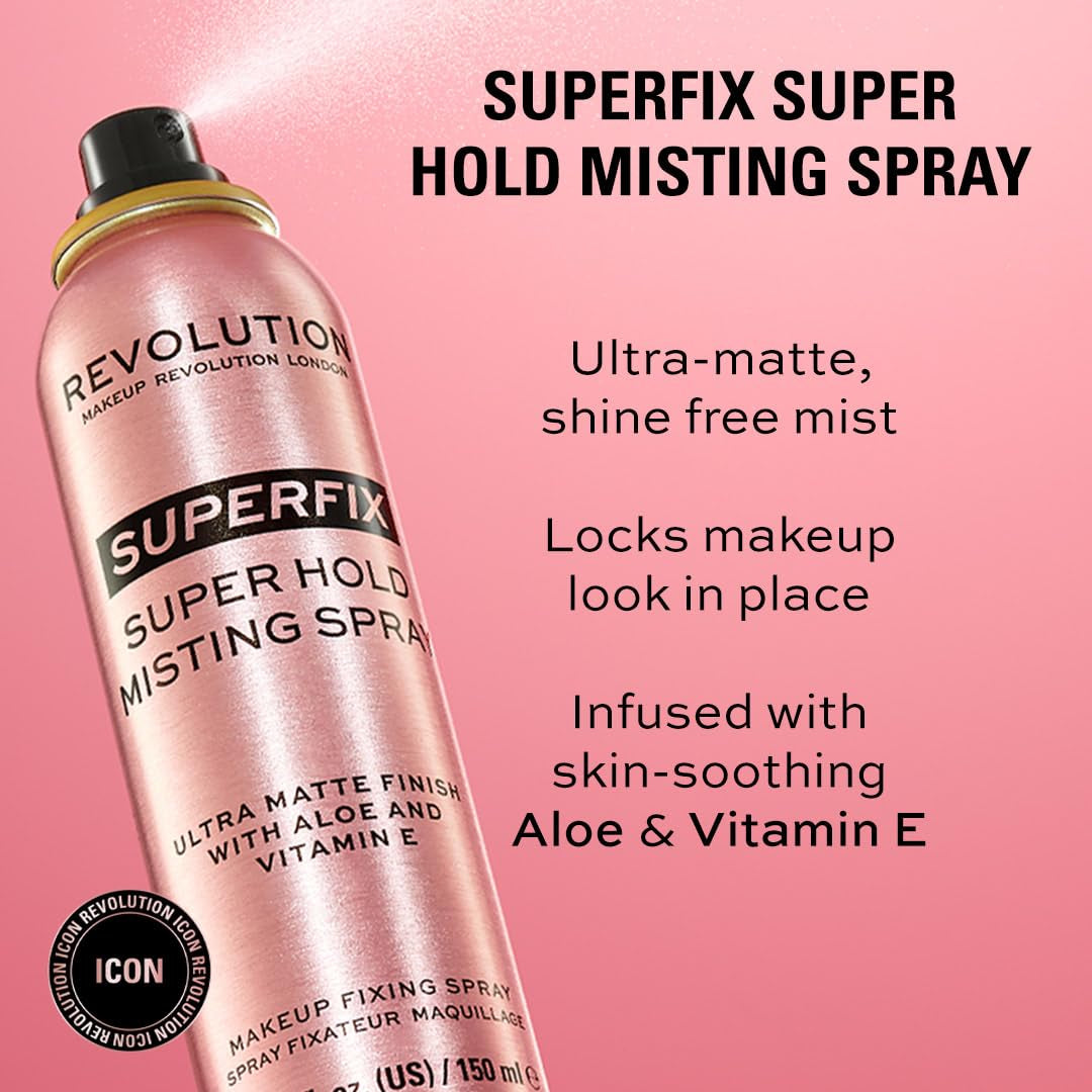 Revolution, Superfix Misting Makeup Setting Spray, Ultra-Matte & Shine-Free Finish, Long-Lasting & Lightweight Mist, Infused with Vitamin E, 5 Fl Oz