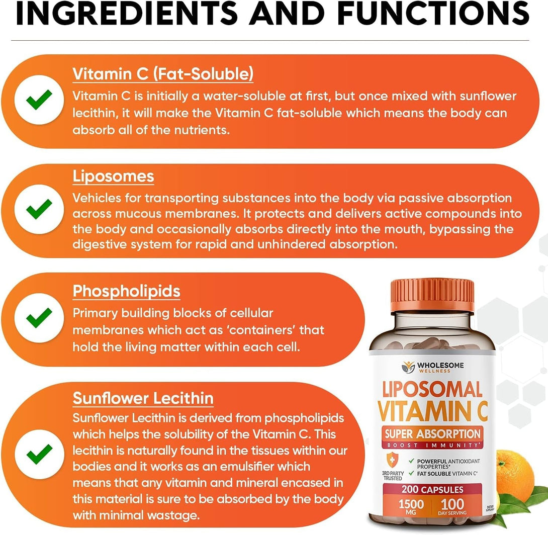 Wholesome Wellness Liposomal Vitamin C Capsules (200 Pills 1500Mg Buffered) High Absorption, Immune System & Collagen Booster, High Dose Fat Soluble Immunity Support Ascorbic Acid, Natural Vegan