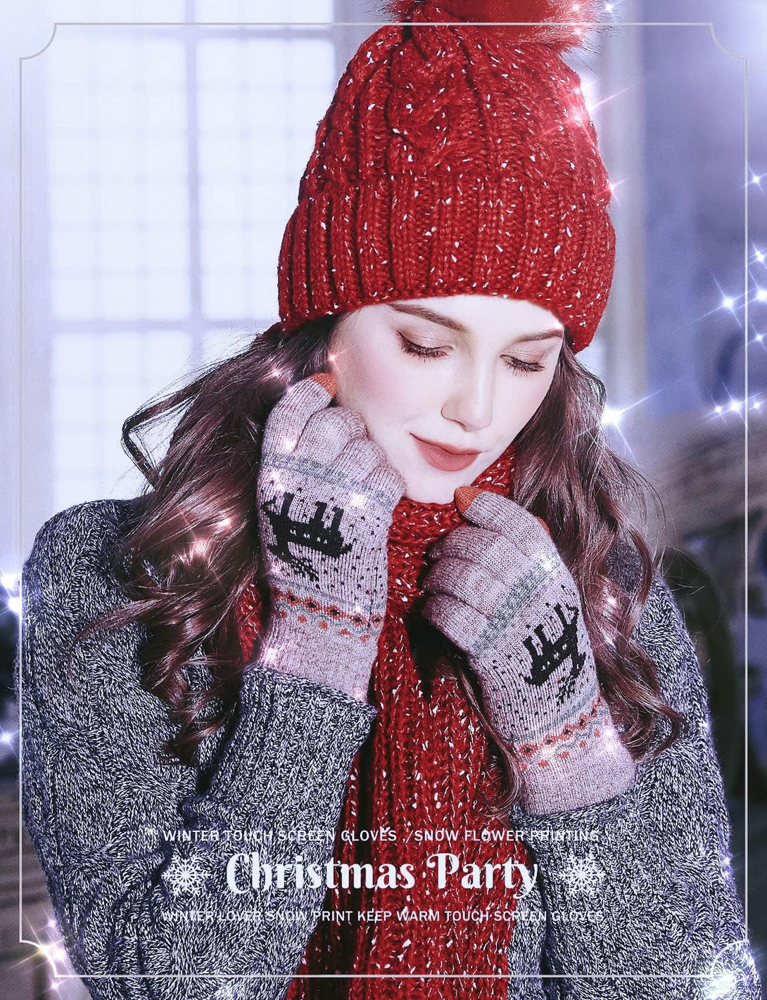 HÖTER Winter Touch Screen Gloves Snow Flower Printing Keep Warm for Women and Men