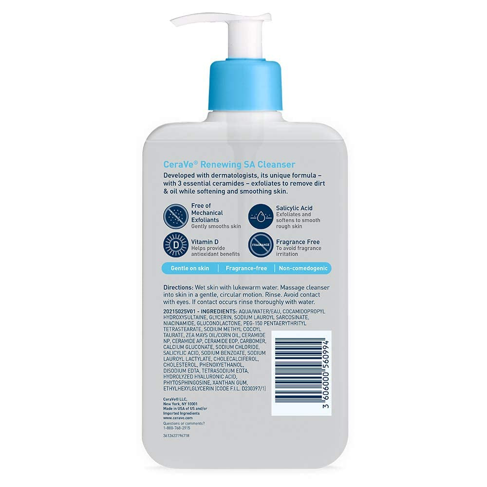 Cerave Renewing Salicylic Acid Cleanser, Formulated with Hyaluronic Acid, Niacinamide, & Ceramides, Gentle BHA Exfoliating Face Wash Smooths & Softens Skin, Non Comedogenic & Fragrance Free, 16 Ounce