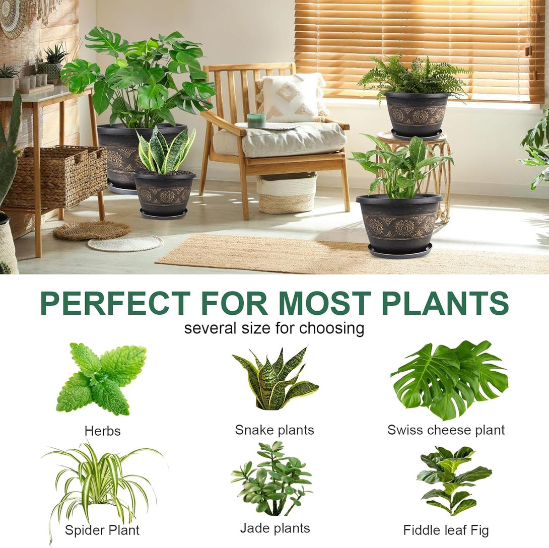 6 Pack 8 Inch Plant Pots, Retro Pattern Planters with Drainage Holes and Saucer, Sturdy Plastic Garden Flower Pots for Indoor & Outdoor Plants