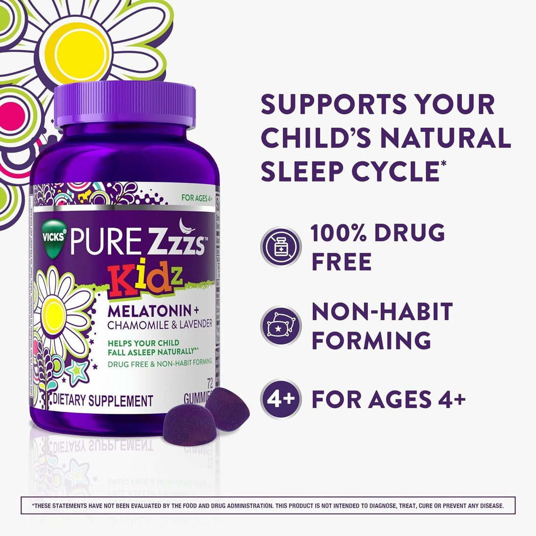 PURE Zzzs Kidz, Kids Melatonin Gummy, Sleep Aid, Low Amount of Melatonin for Kids, with Chamomile and Lavender, Melatonin 1 Mg, Melatonin Gummies Kids, Berry Flavored, 72 Sleep Gummies