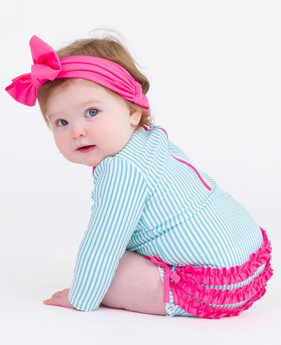 Rufflebutts Baby/Toddler Girls Seersucker Long Sleeve One Piece Rash Guard Swimsuit with UPF 50+ Sun Protection