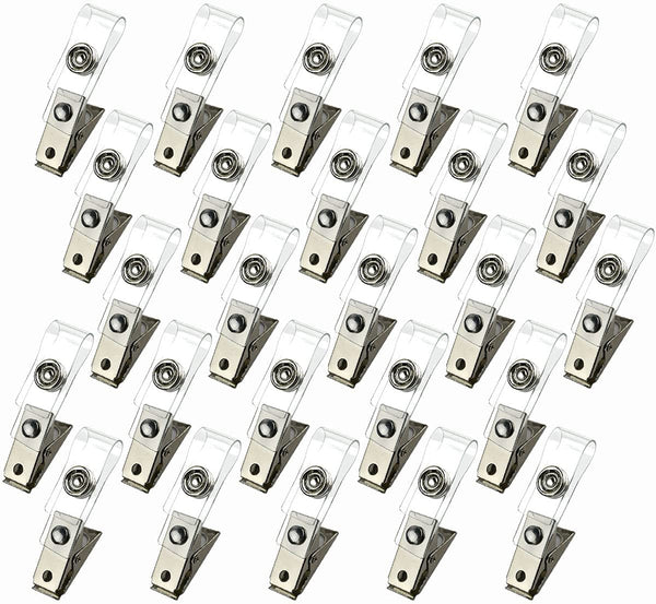 25Pcs Metal Badge Clips with Clear PVC Straps for ID Cards, Name Tags, Badge Holders, Work Badges