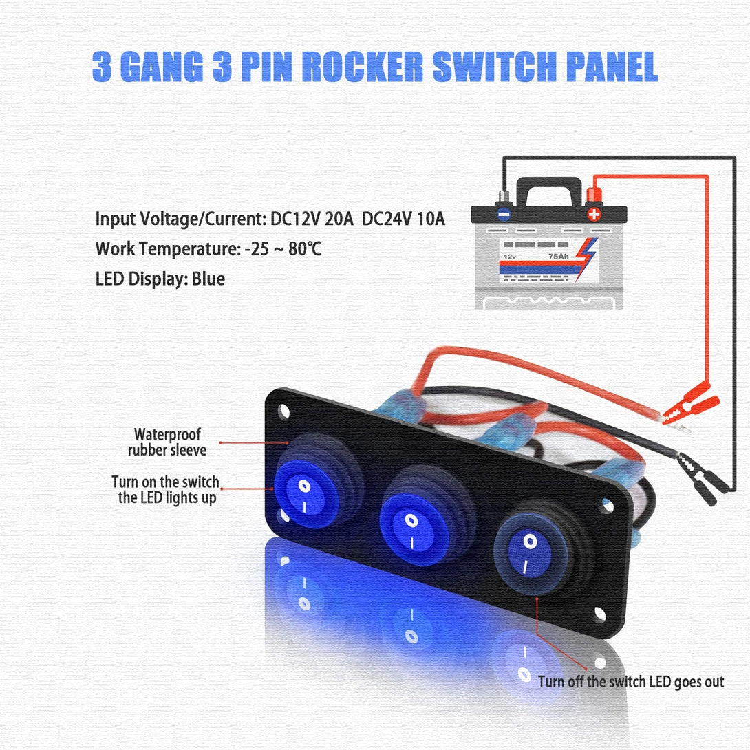 3 Gang 12V 20 Amp Toggle Rocker Switch Panel LED Breaker Waterproof Widely Fits for Auto Automotive Lights Car Marine Boat Yacht, Trailer, Caravan, Camper, Bus, Tractor, Jeep, Truck Vehicles & More