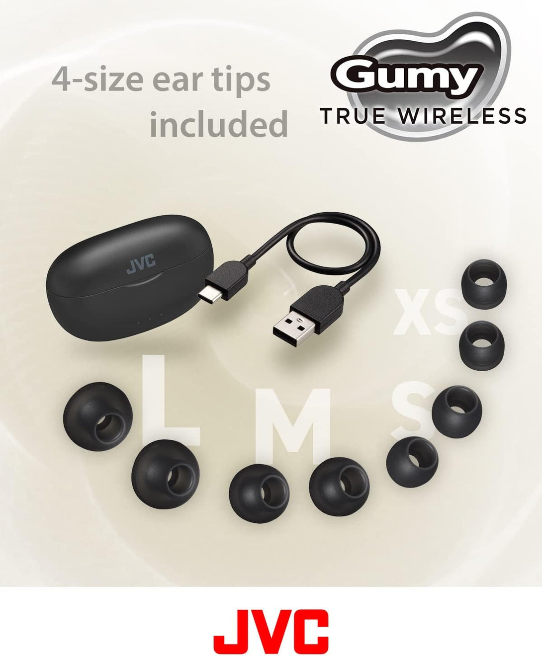 JVC Gumy True Wireless Earbuds, Bluetooth 5.3, Charging Case, 24-Hour Playback, IPX4 Water Resistant, Comfortable Secure Fit with XS/S/M/L Earpieces, Built-In Mic for Calls, Iphone/Android/Pc - HAA7T2