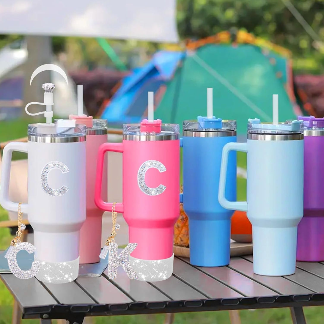 Mity Rain Accessories Set for Stanley Cup, Initials Decorations for Tumbler Cup 30/40OZ, Including Diamond Straw Topper/Spill Proof Stopper/Sparkly Silicone Boot Set/Letter Charms for Handle A-Z (C)