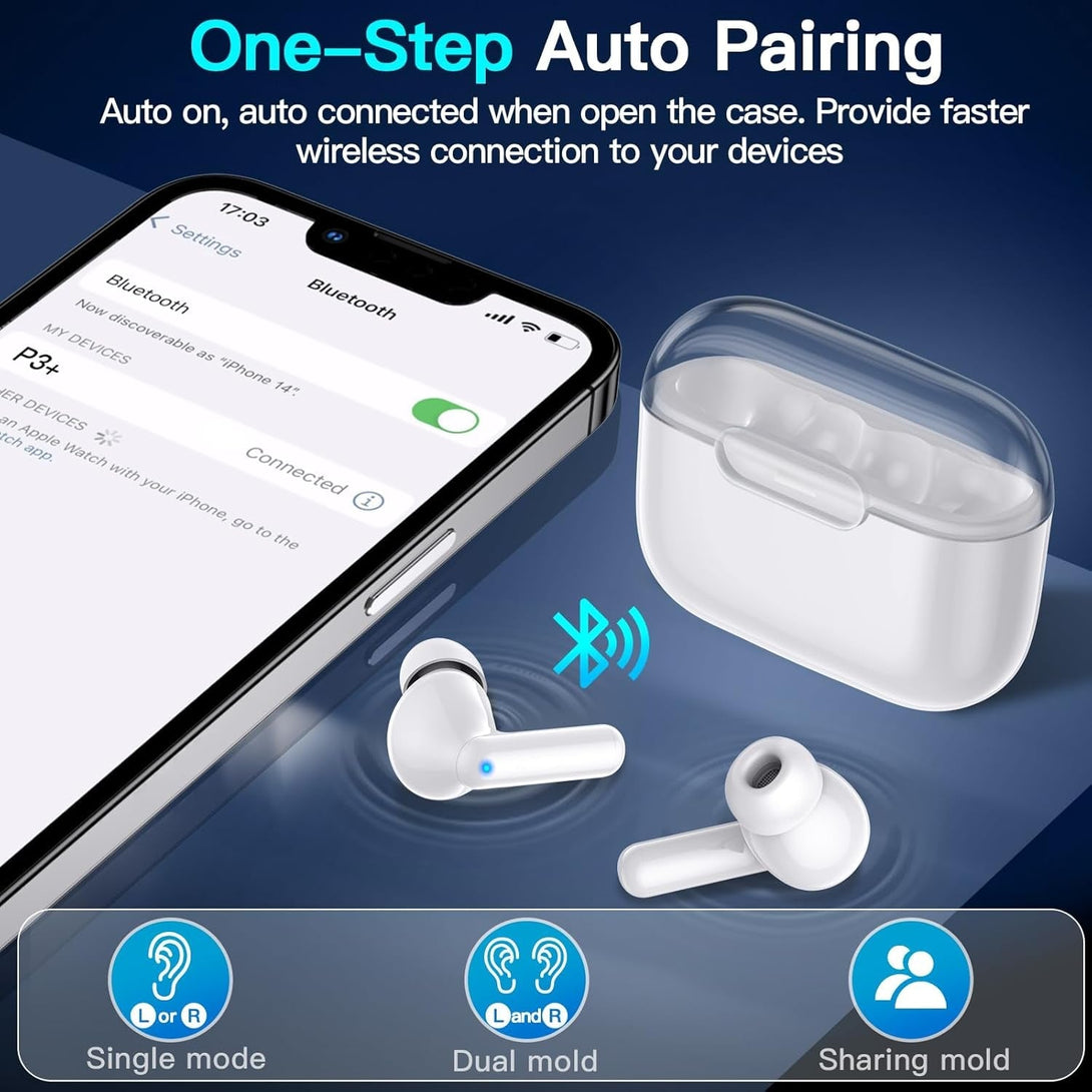 Kurdene P3 Wireless Earbuds Bluetooth 5.3 Headphones, Deep Bass Stereo with Microphone Earphones In-Ear, Immersive Premium Sound Ear Buds for Iphone, Android-Clear