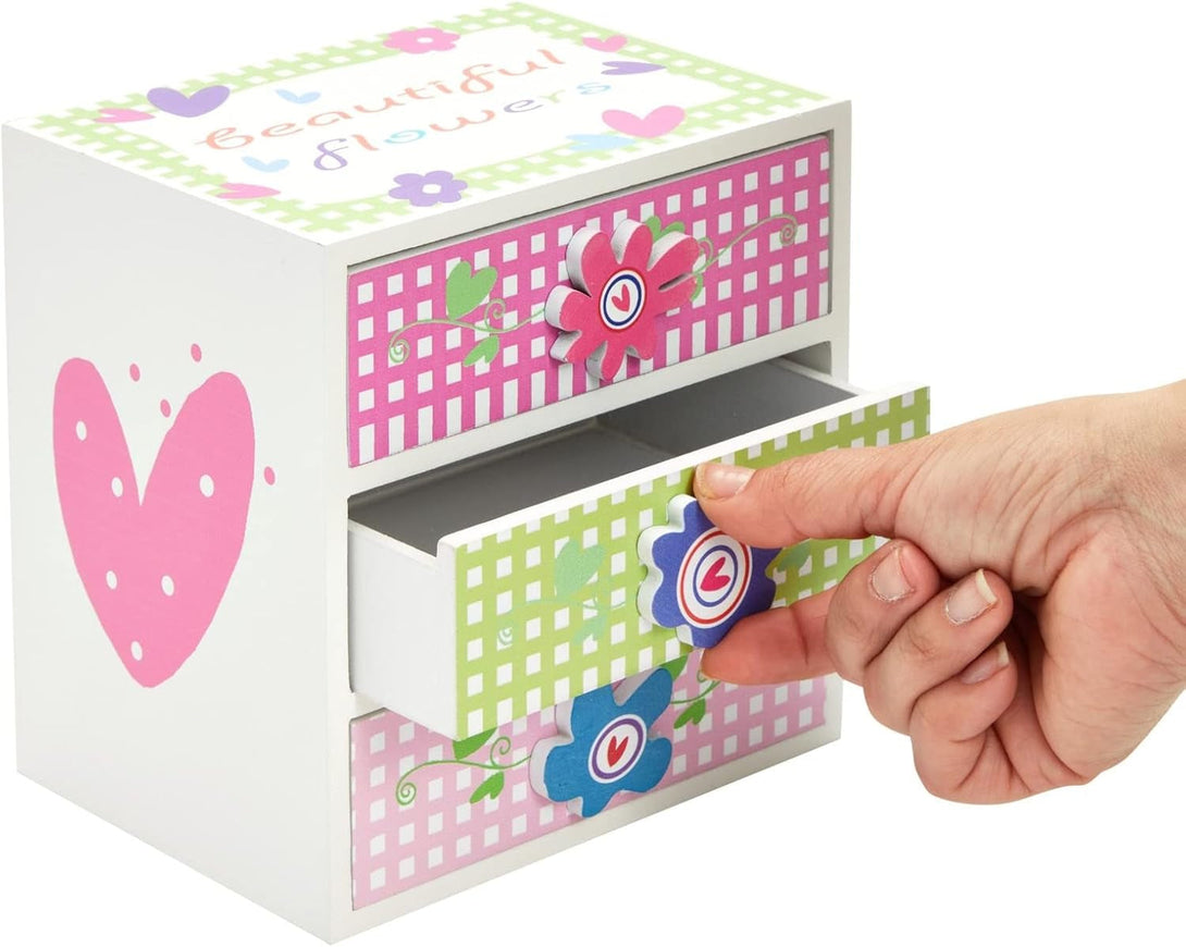 Juvale Small Floral Jewelry Box for Little Girls Aged 4 to 13 - Kids Wooden Organizer with 3 Drawers for Necklaces and Earrings