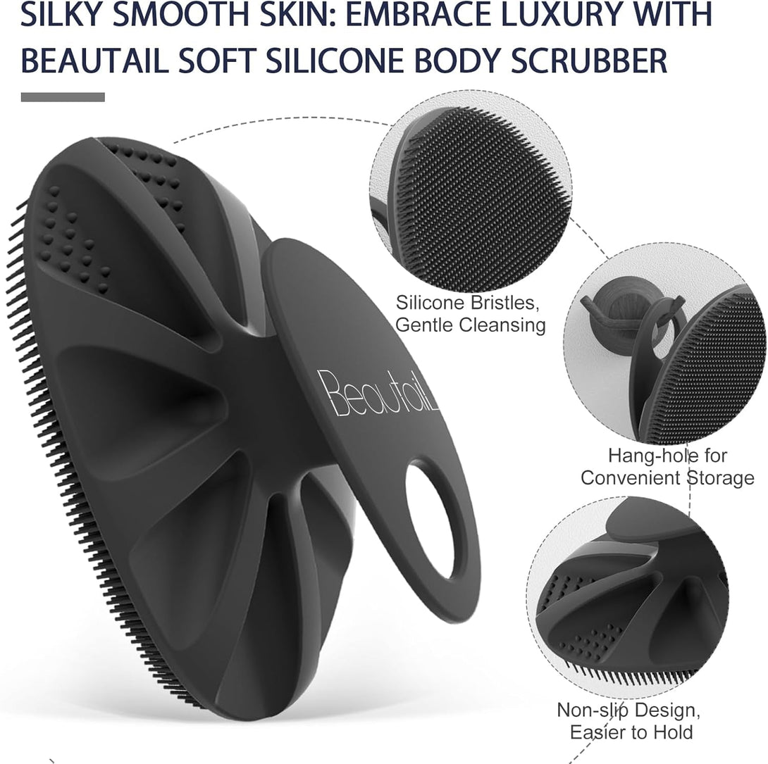 1 Pack Silicone Body Scrubber BEAUTAIL Bath Shower Brush and 1 Pack BEAUTAIL Silicone Scalp Massager Shampoo Brush, Black