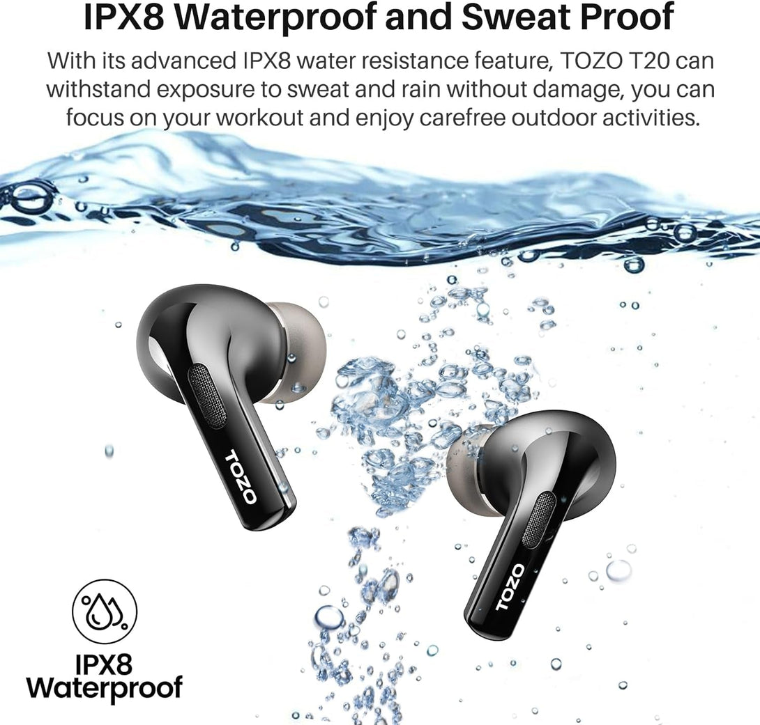 TOZO T20 Wireless Earbuds Bluetooth Headphones 48.5 Hrs Playtime with LED Digital Display, IPX8 Waterproof, Dual Mic Call Noise Cancelling 10Mm Broad Range Speakers with Wireless Charging Case