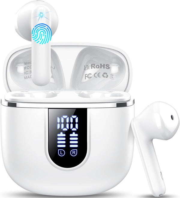 Wireless Earbuds, Bluetooth 5.4 Headphones in Ear Buds, Hifi Stereo Wireless Earphones with 4 ENC Noise Cancelling Mics, 40H Headphones with IP7 Waterproof, Dual LED Display USB C, White
