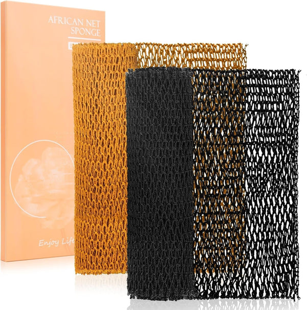 African Net Sponge 2 Pack, Back Scrubber for Shower, XL 80CM Exfoliating Washcloth, African Net Sponge Authentic, Body Scrubber Exfoliator Bath Accessories (Black,Ochre)