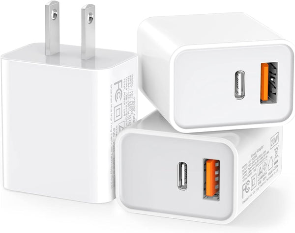 3 Pack USB C Wall Charger, 20W Durable Dual Port QC+PD 3.0 Power Adapter, Double Fast Plug Charging Block for Iphone 13/14/15/16/16 Pro/Pro Max/Plus, XS/XR/X, Watch Series 8/7 Cubeï¼ŒWhite