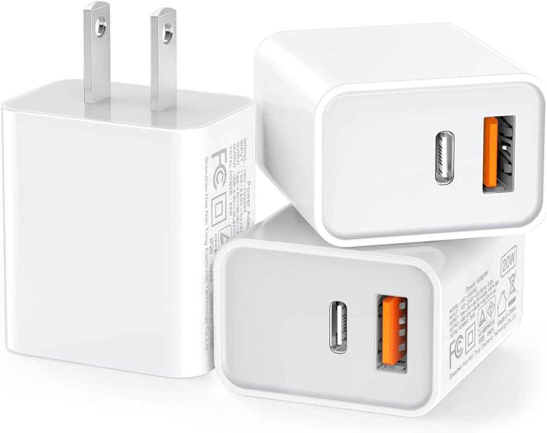 3 Pack USB C Wall Charger, 20W Durable Dual Port QC+PD 3.0 Power Adapter, Double Fast Plug Charging Block for Iphone 13/14/15/16/16 Pro/Pro Max/Plus, XS/XR/X, Watch Series 8/7 Cube，White