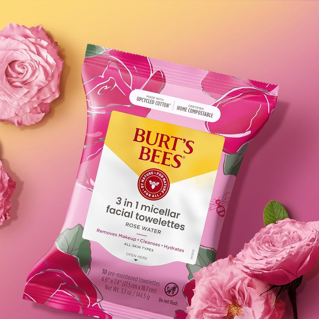 Burt'S Bees Rose Water Face Wipes, for All Skin Types, Hydrating Micellar Makeup Remover & Facial Cleansing Towelettes, 30 Ct (3-Pack)