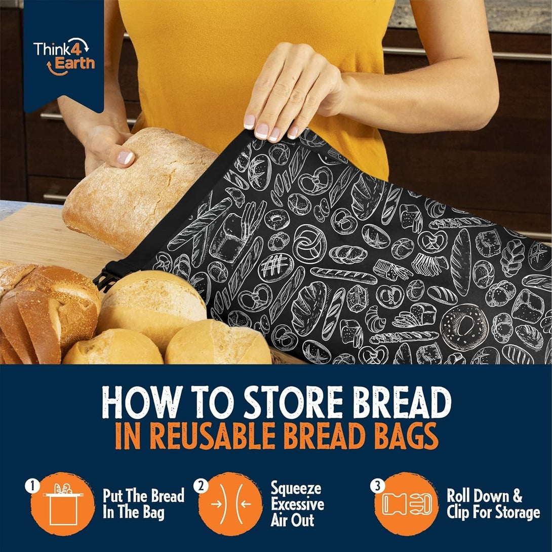 Think4Earth® - 2 Pack Large Bread Bags for Homemade Loaf, Freezer Storage Bag, Bread Container, Reusable Food Storage Bag