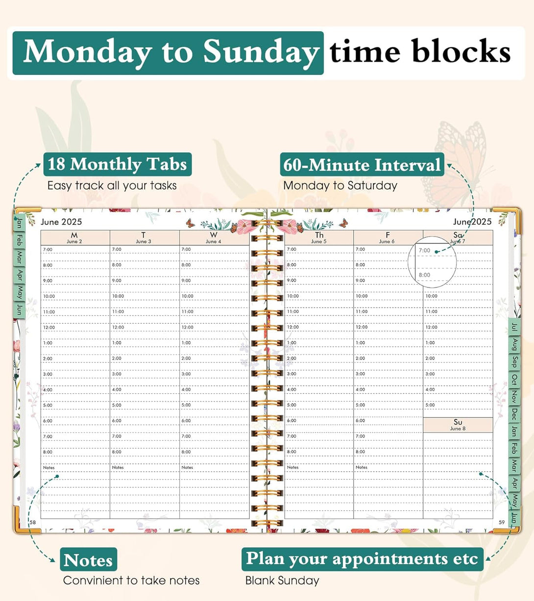 2025 Appointment Book, 2025 Academic Planner 18 Months Weekly and Monthly (January 2025 - June 2026), 8.5"X11" Daily Hourly Planner 60-Minute Time Slots, Spiral Calendar Schedule Book for Work Home School, Wildflower Garden
