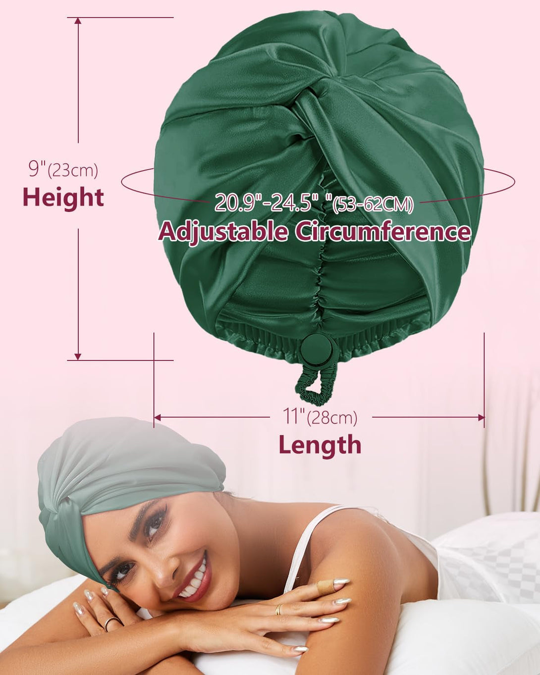 Adjustable Silk Satin Hair Bonnet for Sleeping, Double Layer Hair Wrap Sleep Cap Turban for Women Men, Curly Straight Long Large Braid Unisex (Forest Green 26)