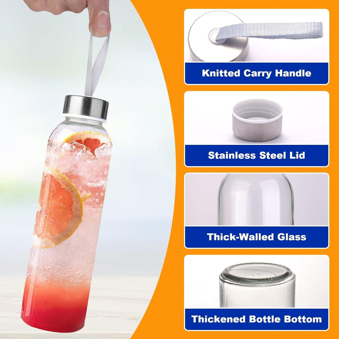 3 Packs Glass Water Bottles with Lid Clear Juice Bottles Reusable Bottle with Stainless Steel Cap Glass Cups Liquid Storage Containers for Juicing Beverage Refrigerator Travel-18Oz