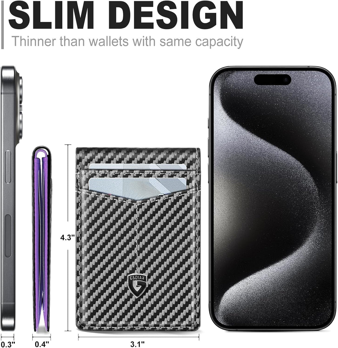 GSOIAX Slim Wallet for Men Leather Carbon Fiber RFID Blocking Minimalist Front Pocket Bifold Mens Wallet with ID Window,12 Credit Card Holders with Gift Box (Carbon Purple)