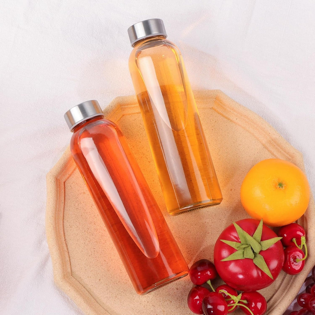 12 Pack Glass Water Bottles, 16Oz Clear Glass with Stainless Steel Lids, Reusable Drink Bottles for Juices, Smoothies, Tea, Water, Beverages