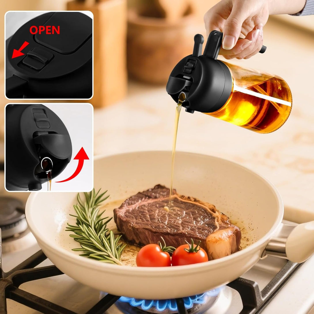 Olive Oil Sprayer for Cooking, 470Ml 2 in 1 Glass Oil Dispenser/Pour Bottle, Kitchen Accessories, Kitchen Gadgets for Air Fryer, Salad, BBQ (Black)