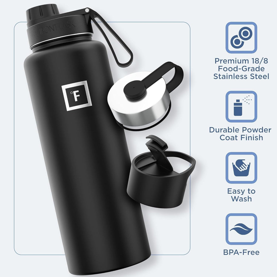 IRON °FLASK Camping & Hiking Hydration Flask with 3 Lids - Stainless Steel, Double Walled & Vacuum Insulated Water Bottle - Leak Proof & BPA Free (Dark Night, Spout - 40 Oz)