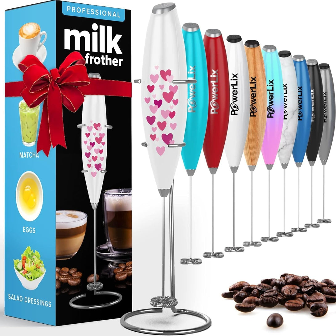 Powerlix Powerful Handheld Milk Frother with Stand Battery Operated Foam Maker Frother Wand for Coffee (A Black) (Hearts)