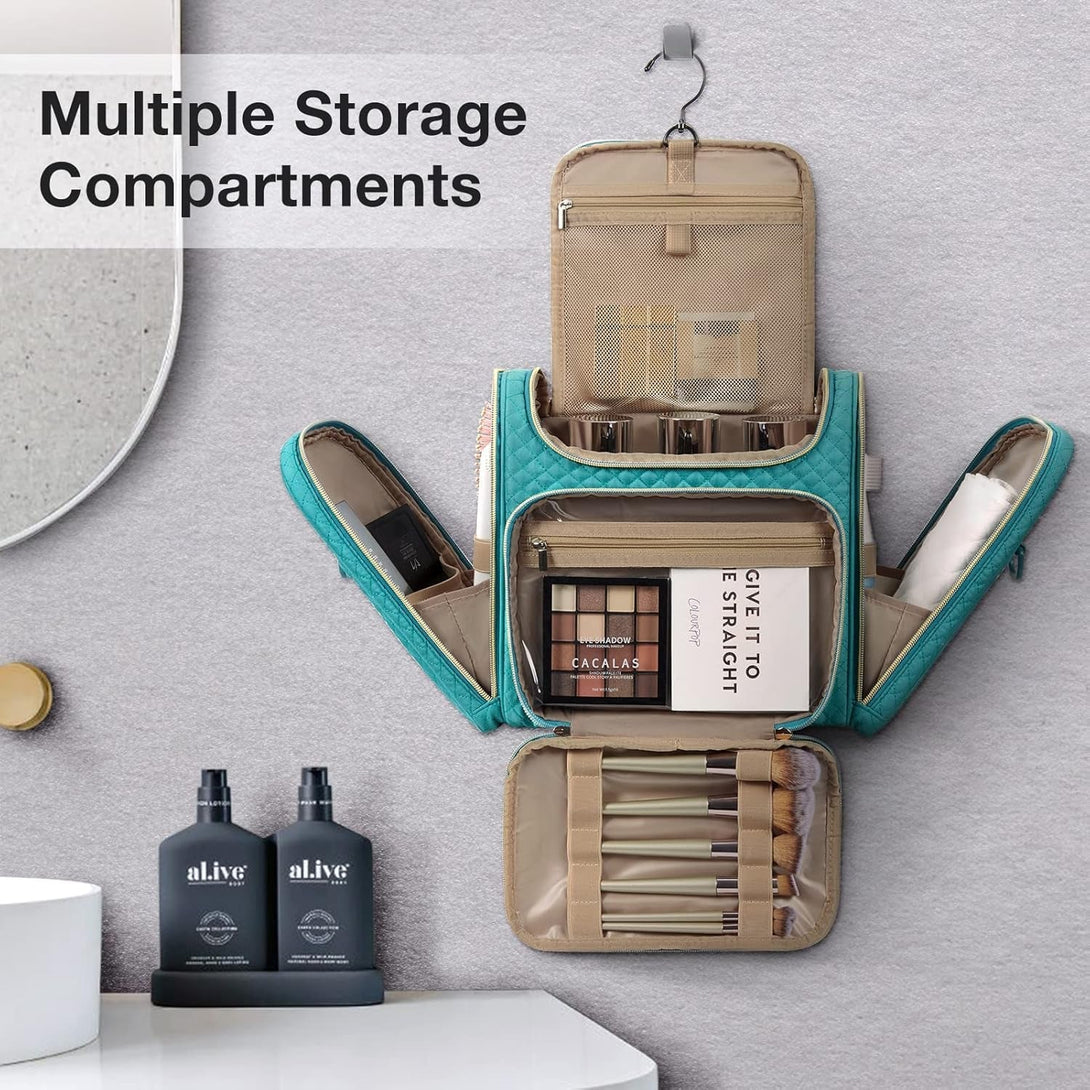 BAGSMART Toiletry Bag, Travel Toiletry Bag for Women, Water-Resistant Cosmetic Makeup Bag, Large Capacity Door Room Essentials Travel Organizer for Full Sized Toiletries and Cosmetics, Blue