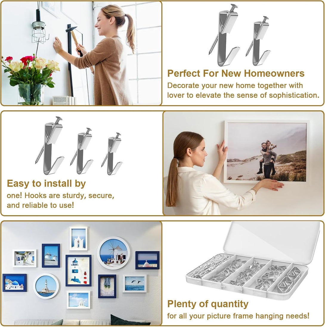 202 PCS Frame Hanger Kit, 10Lb, 20Lb, 30Lb, 50Lb&100Lb Picture Hanging Hardware Kit, Picture Hanging Tool, Pcture Hangers,Picture Frame Hanging Kit, Picture Hooks for Pictures, Canvas, Mirror (Silver)