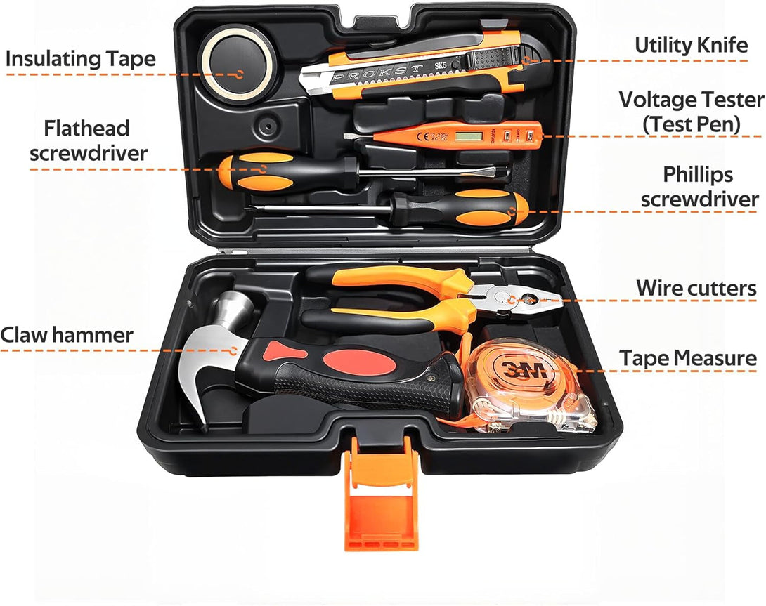 8 Piece Hand Tool Set, High Strength Steel Tools for Home Repair, Car Maintenance, Furniture Assembly with Convenient Storage Case, Basic Tool Kit for Home Use