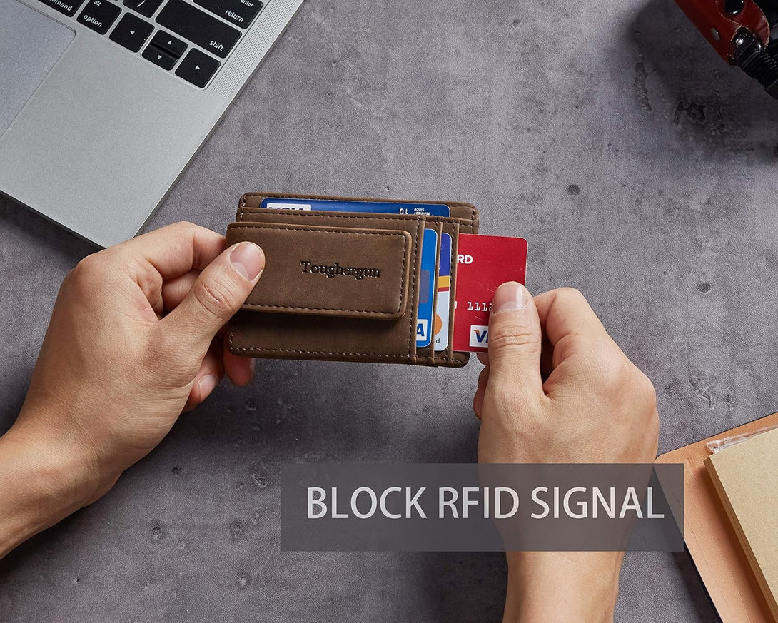 Toughergun Slim Minimalist Wallet for Men with Magnetic Money Clip Leather Wallet, Credit Card Holder RFID Blocking Front Pocket Holds Cash and Cards