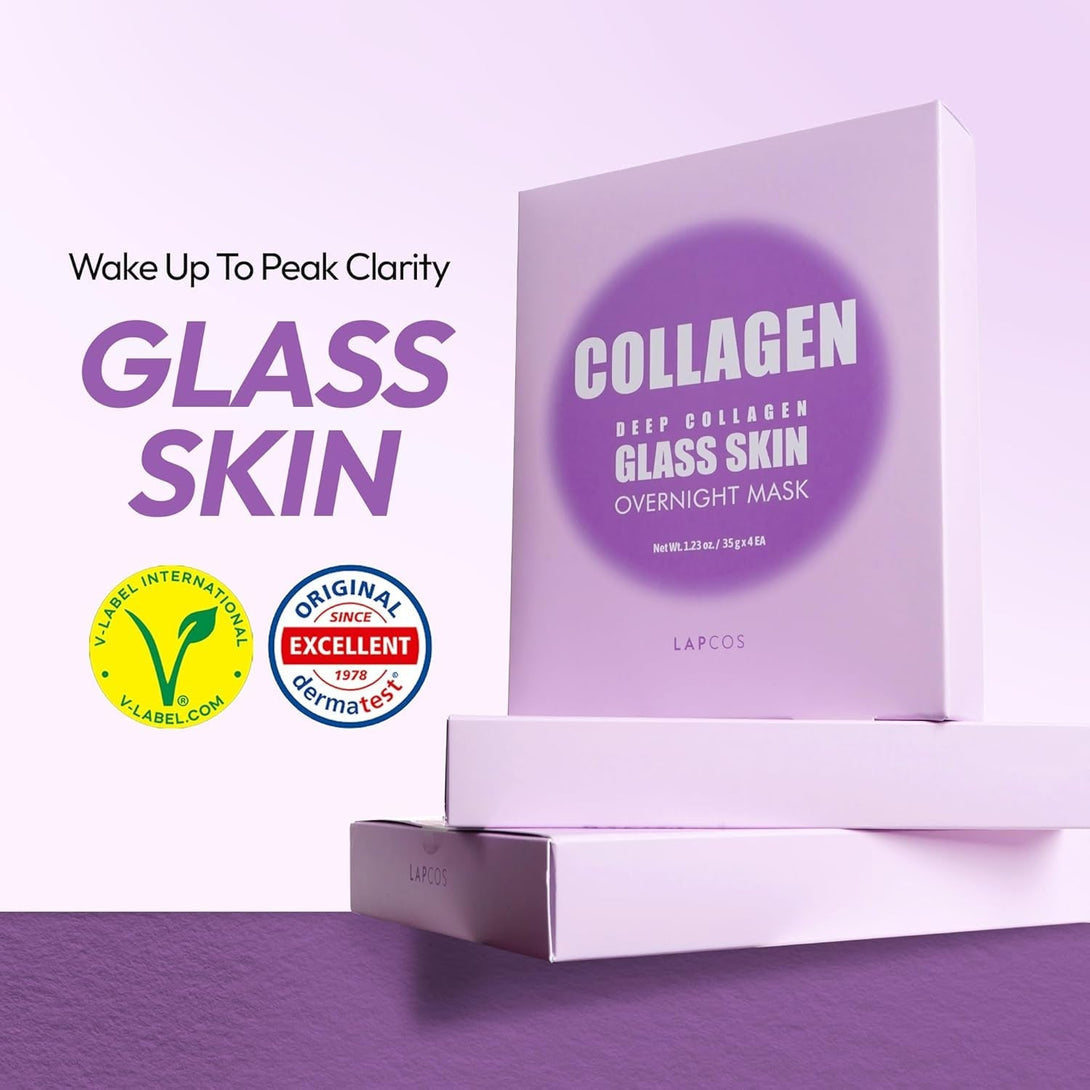 LAPCOS Deep Collagen Glass Skin Overnight Mask - Korean Skin Care Mask W/Rose PDRN, Vegan Collagen & Hydrogel Sheet - Hypoallergenic Firming Collagen Face Mask Sheets (4 Ea, 1.23 Oz)