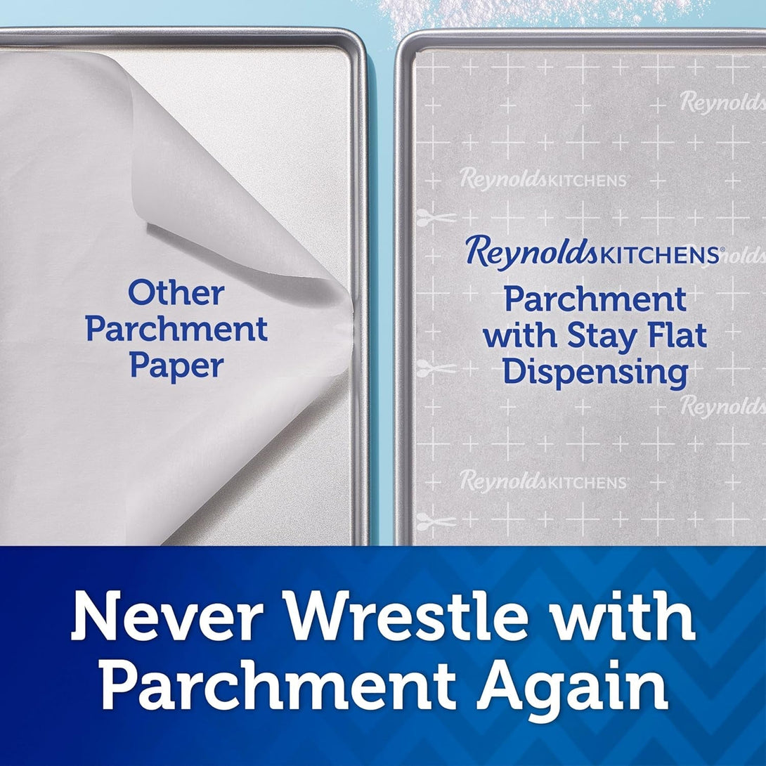 Reynolds Kitchens Stay Flat Dispensing Parchment Paper for Baking and Roasting, Parchment Paper Roll, Great for Baking and Rolling Dough, Non-Stick, Reusable up to 3X, 45 Sq. Ft.