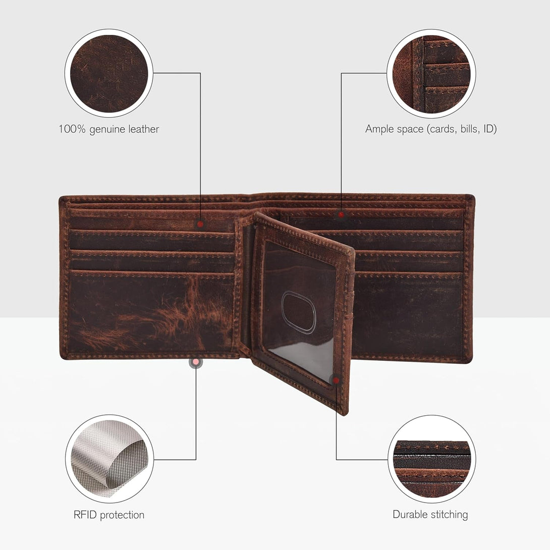 Oak Leathers Leather Wallet for Men - RFID Bifold Wallets with 9 Credit Cards 1 ID Window Slim Minimalist Front Pocket Gift for Men