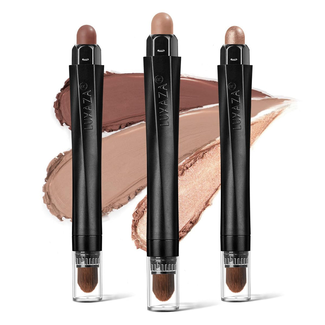 3Pcs Neutral Brown Eyeshadow Stick Set, Matte and Shimmer Creamy Eyeshadow Pencil, Shiny Pink Shadow, Waterproof Long Lasting Smoky Eye Makeup
