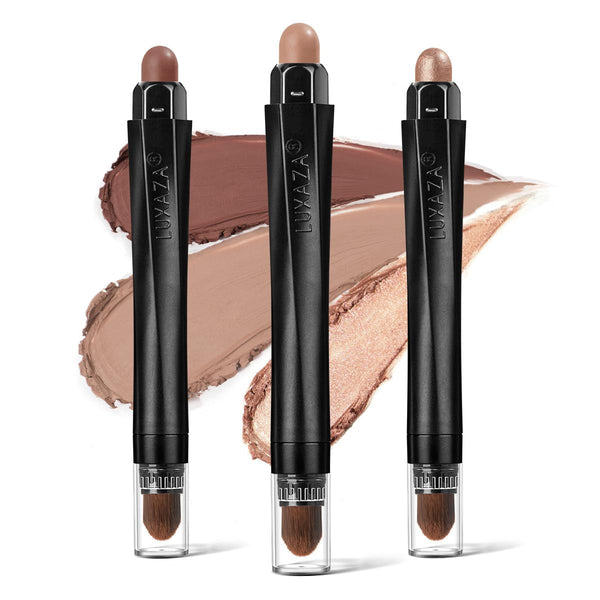 3Pcs Neutral Brown Eyeshadow Stick Set, Matte and Shimmer Creamy Eyeshadow Pencil, Shiny Pink Shadow, Waterproof Long Lasting Smoky Eye Makeup