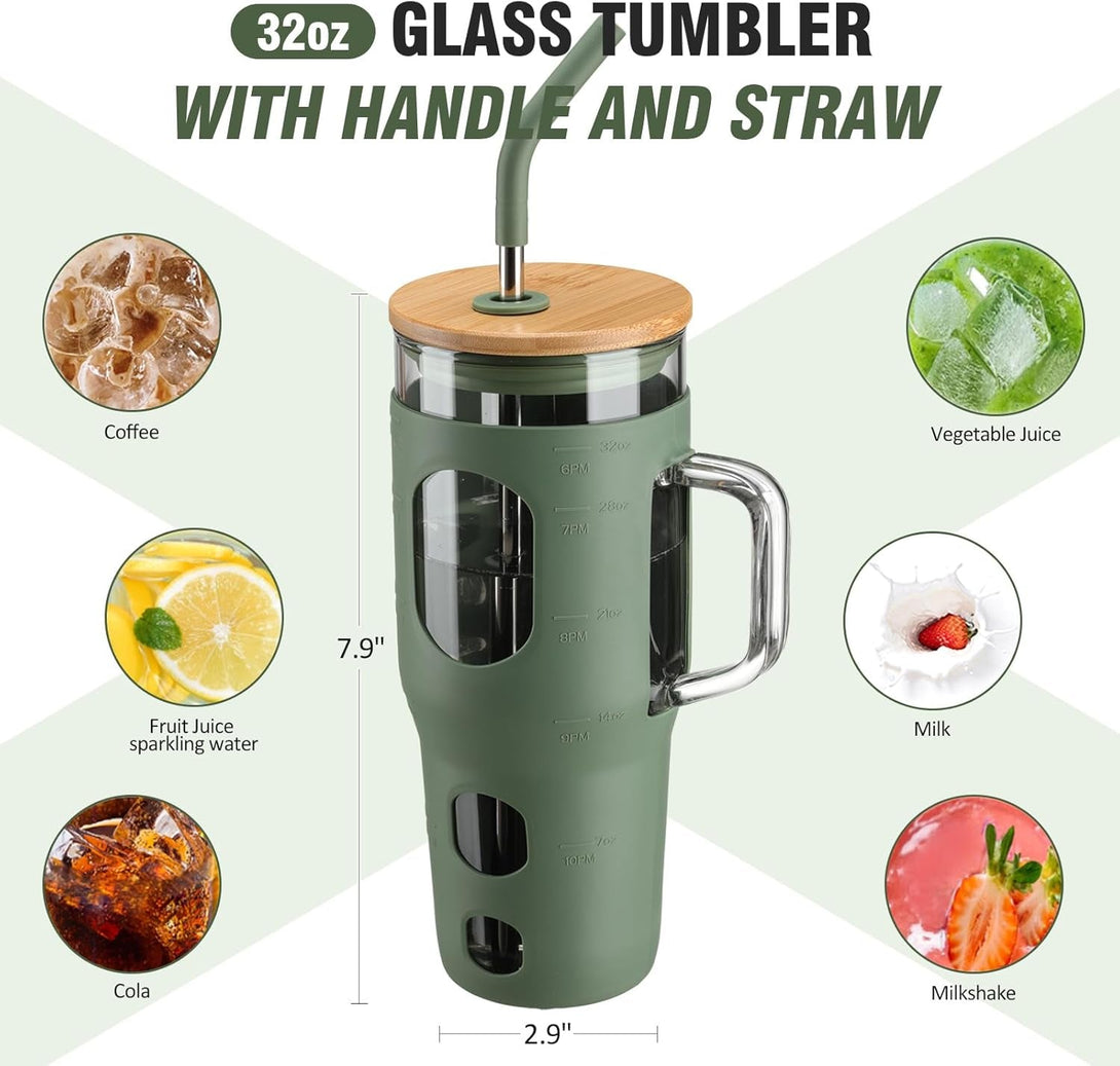 32 Oz Glass Tumbler with Lid and Straw,Glass Water Bottles with Handle,Glass Cup with Time Marker and Silicone Sleeve, Fits in Cup Holder BPA Free-Olive