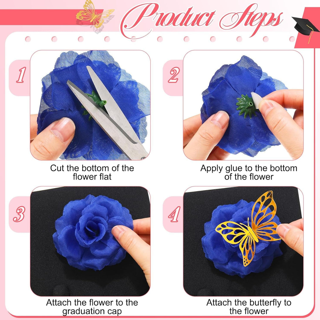 Knitgrip 27 Pcs DIY Graduation Cap Decorations Accessory Kit Include Faux Flower Heads and 3D Butterfly for Graduation Cap Decoration Home Decoration Craft Supplies(Blue Gold)