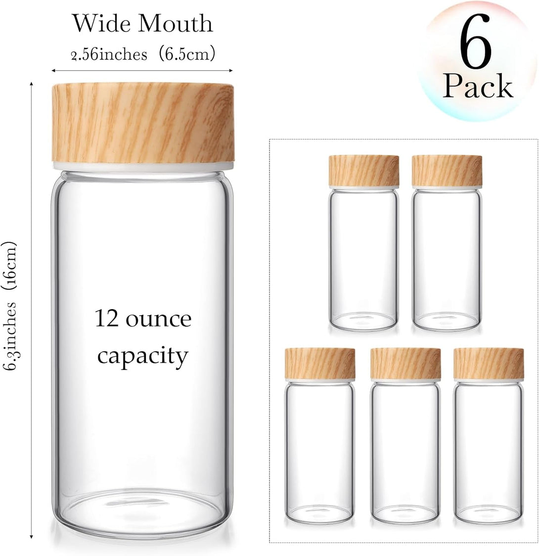 Nuogo 6 Pack Glass Bottles with Lids 12 Oz Juicing Bottles Reusable Wide Mouth Glass Cups Airtight Leak Proof Drinking Milk Water Tea Cups for Storage(Wood)